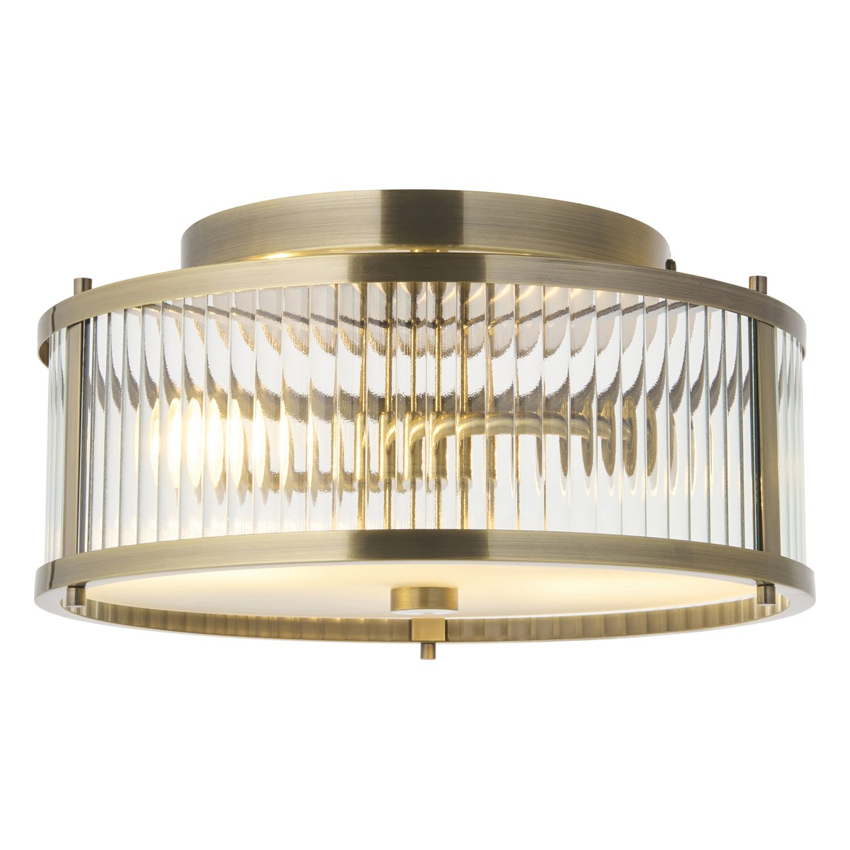 Endon Ridgeton IP44 2 Light Flush Ceiling Light in Antique Brass with Clear Ribbed & Frosted Glass