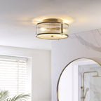 Endon Ridgeton IP44 2 Light Flush Ceiling Light in Antique Brass with Clear Ribbed & Frosted Glass