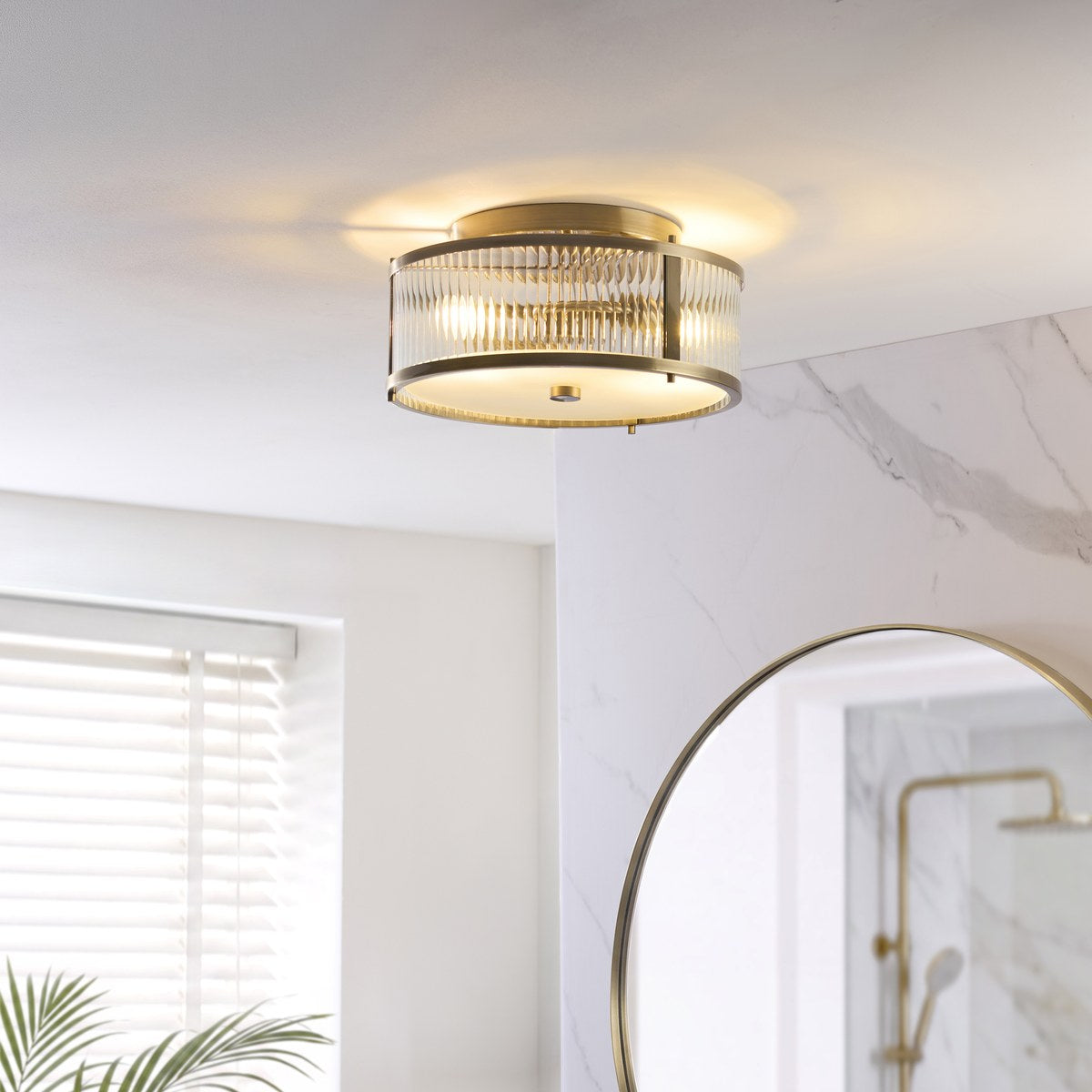 Endon Ridgeton IP44 2 Light Flush Ceiling Light in Antique Brass with Clear Ribbed & Frosted Glass