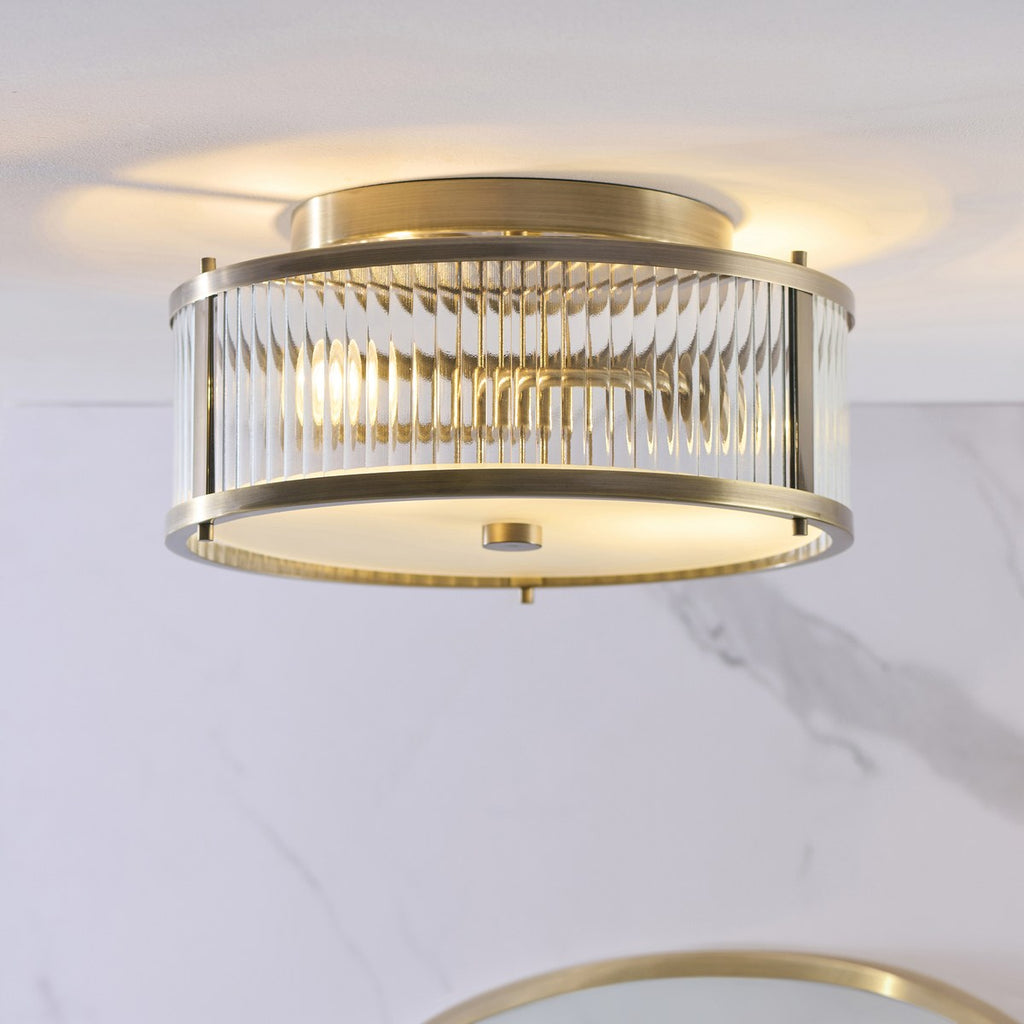 Endon Ridgeton IP44 2 Light Flush Ceiling Light in Antique Brass with Clear Ribbed & Frosted Glass