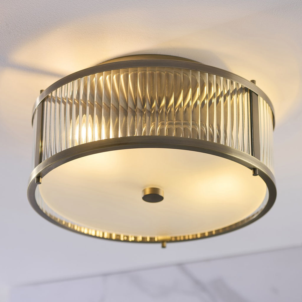 Endon Ridgeton IP44 2 Light Flush Ceiling Light in Antique Brass with Clear Ribbed & Frosted Glass