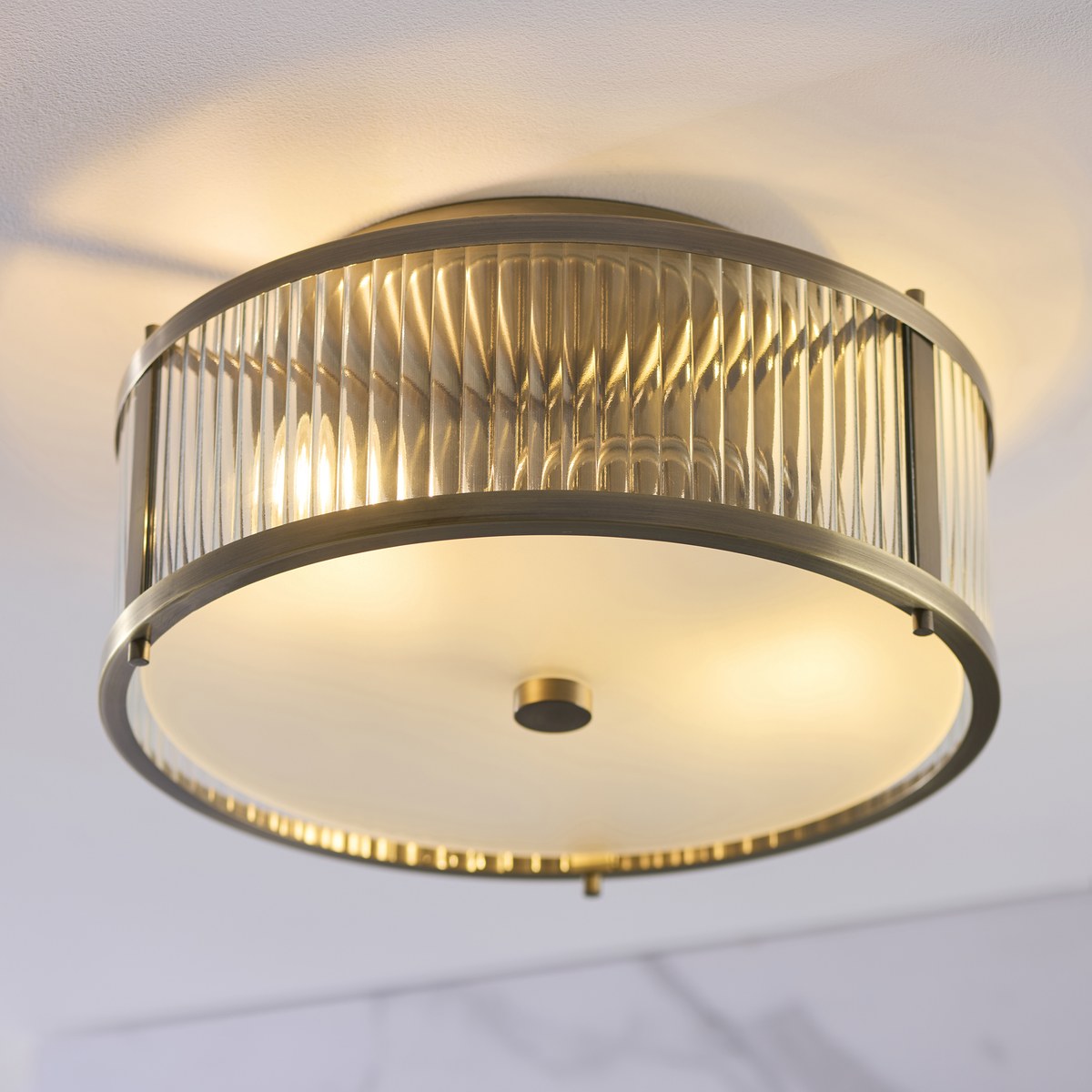 Endon Ridgeton IP44 2 Light Flush Ceiling Light in Antique Brass with Clear Ribbed & Frosted Glass