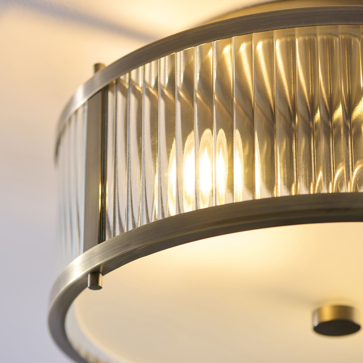 Endon Ridgeton IP44 2 Light Flush Ceiling Light in Antique Brass with Clear Ribbed & Frosted Glass