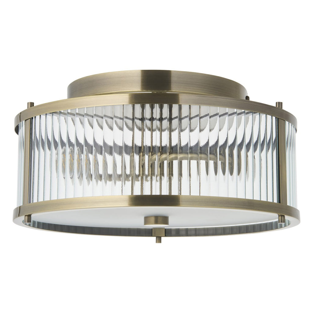 Endon Ridgeton IP44 2 Light Flush Ceiling Light in Antique Brass with Clear Ribbed & Frosted Glass