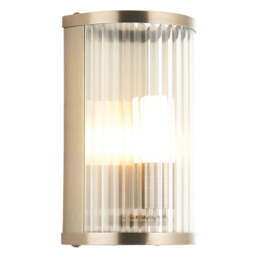 Endon Ridgeton IP44 Wall Light in Antique Brass with Clear Ribbed Glass