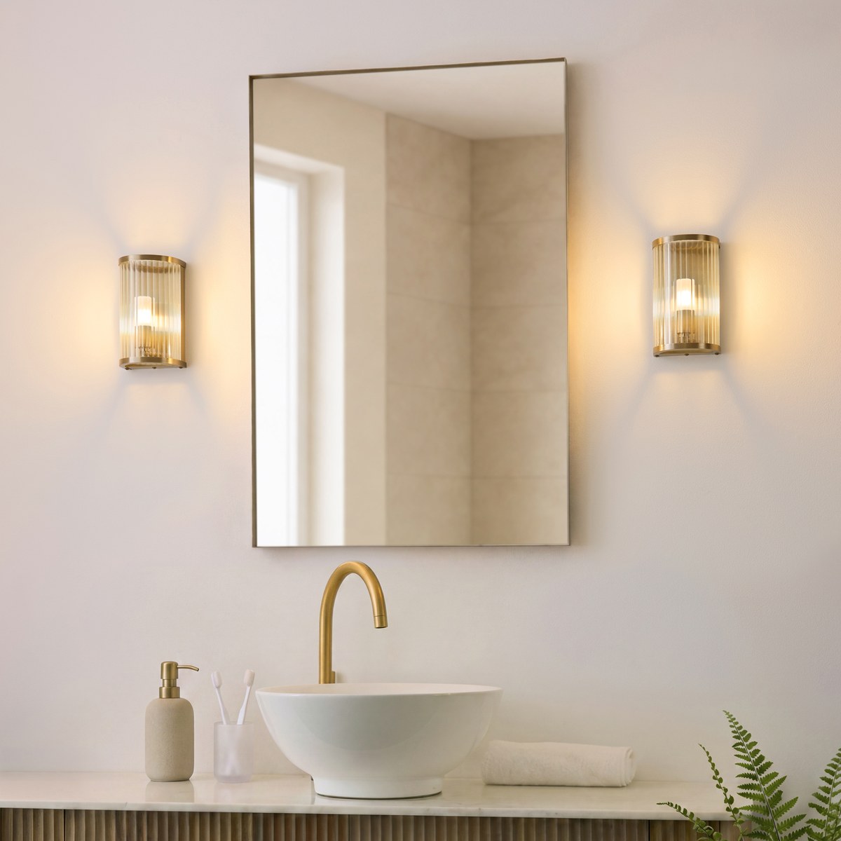 Endon Ridgeton IP44 Wall Light in Antique Brass with Clear Ribbed Glass