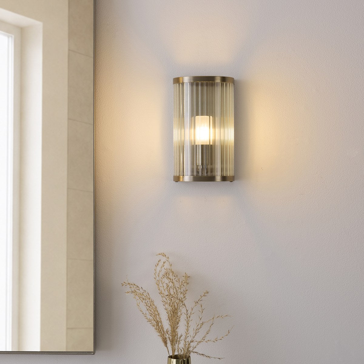 Endon Ridgeton IP44 Wall Light in Antique Brass with Clear Ribbed Glass