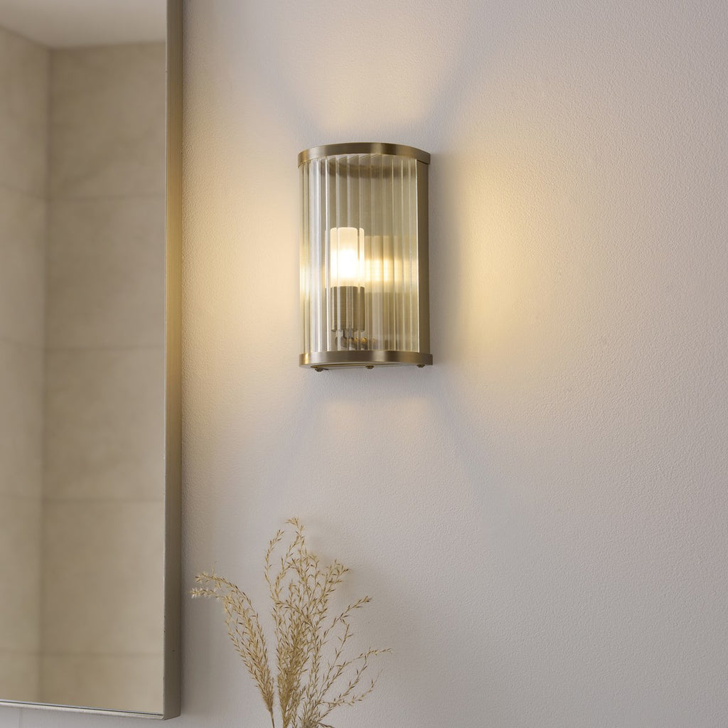Endon Ridgeton IP44 Wall Light in Antique Brass with Clear Ribbed Glass