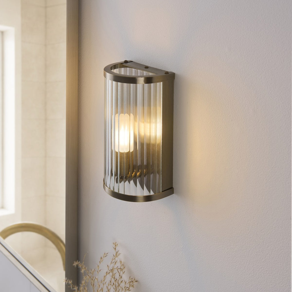 Endon Ridgeton IP44 Wall Light in Antique Brass with Clear Ribbed Glass