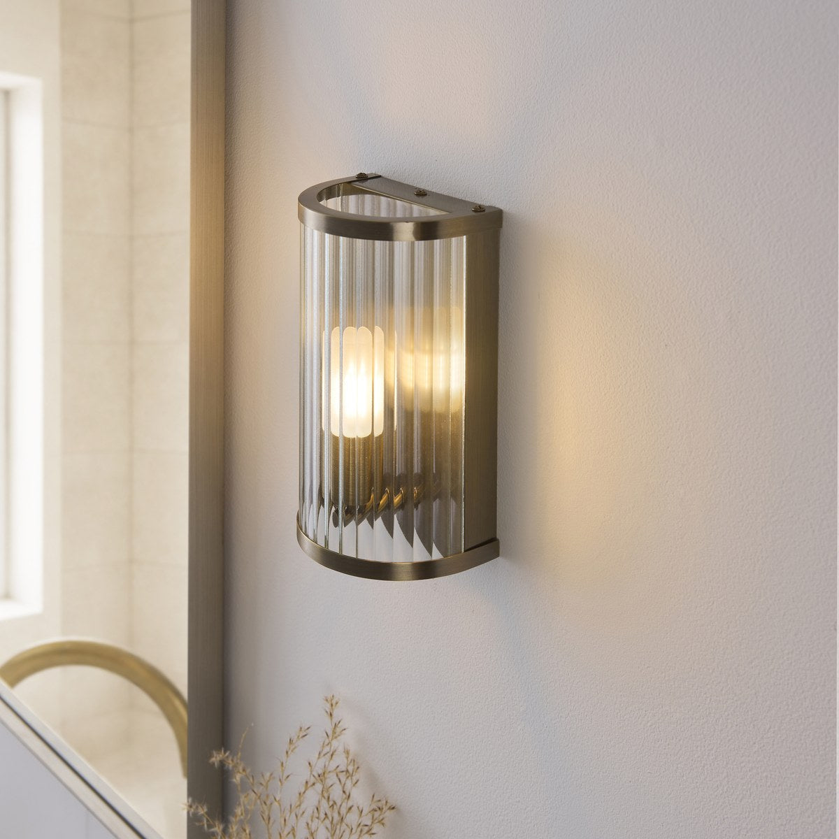 Endon Ridgeton IP44 Wall Light in Antique Brass with Clear Ribbed Glass