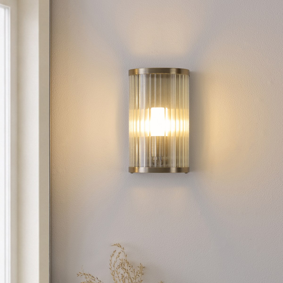Endon Ridgeton IP44 Wall Light in Antique Brass with Clear Ribbed Glass