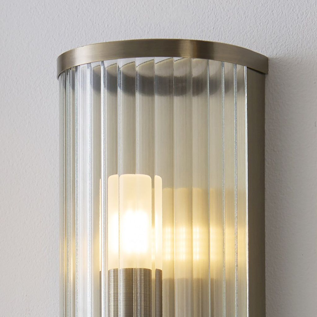 Endon Ridgeton IP44 Wall Light in Antique Brass with Clear Ribbed Glass