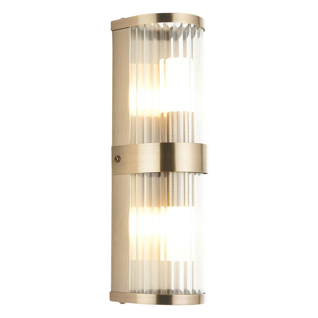 Endon Ridgeton IP44 2 Light Wall Light in Antique Brass with Clear Ribbed Glass