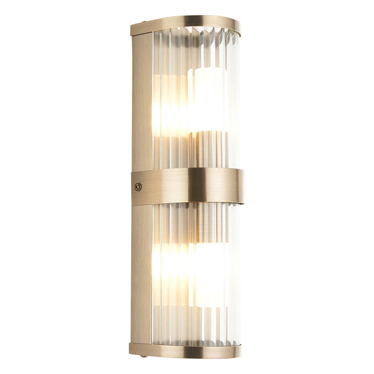 Endon Ridgeton IP44 2 Light Wall Light in Antique Brass with Clear Ribbed Glass