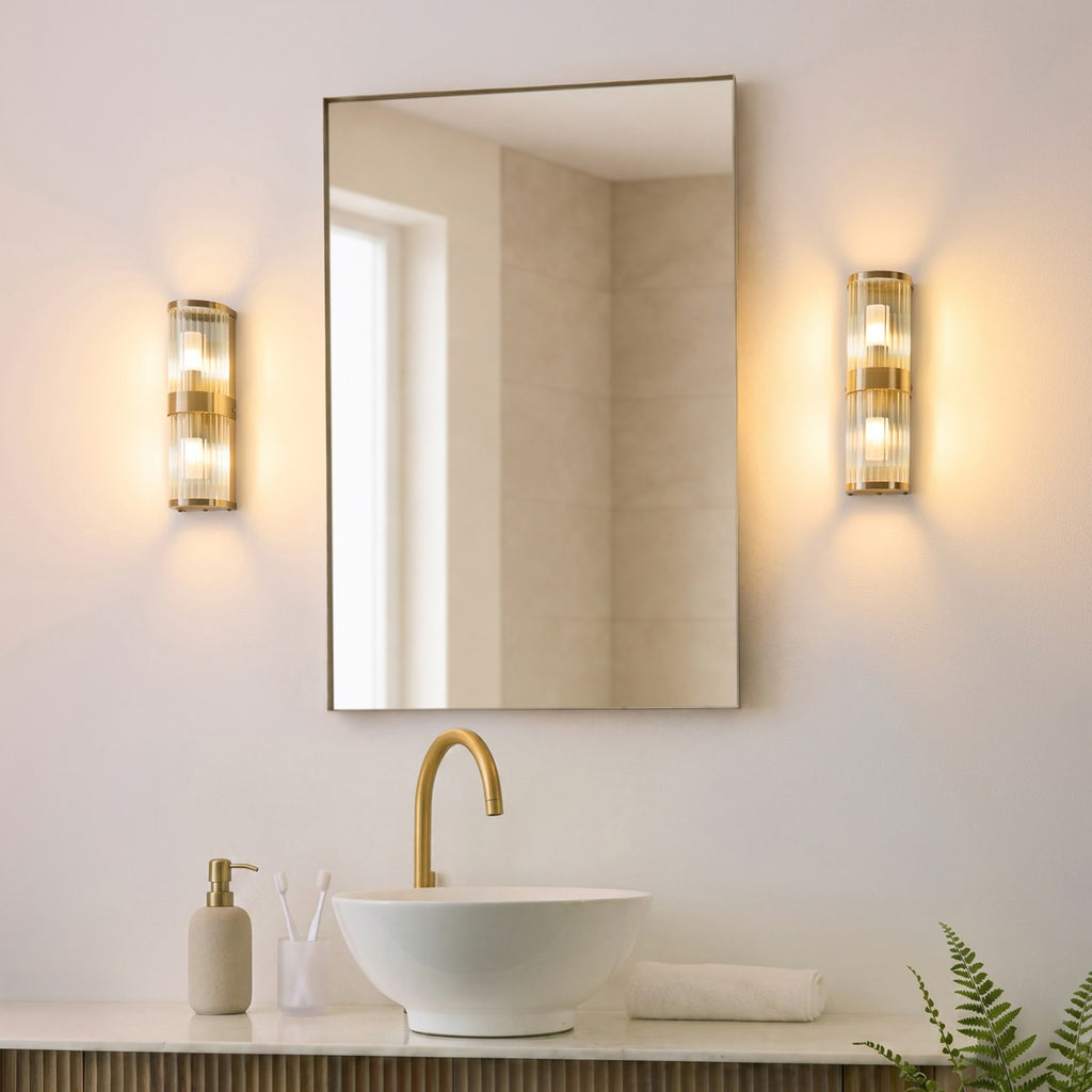 Endon Ridgeton IP44 2 Light Wall Light in Antique Brass with Clear Ribbed Glass