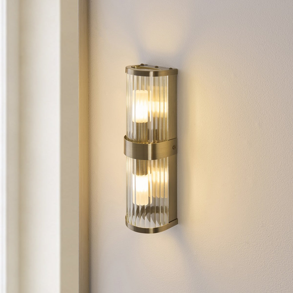 Endon Ridgeton IP44 2 Light Wall Light in Antique Brass with Clear Ribbed Glass