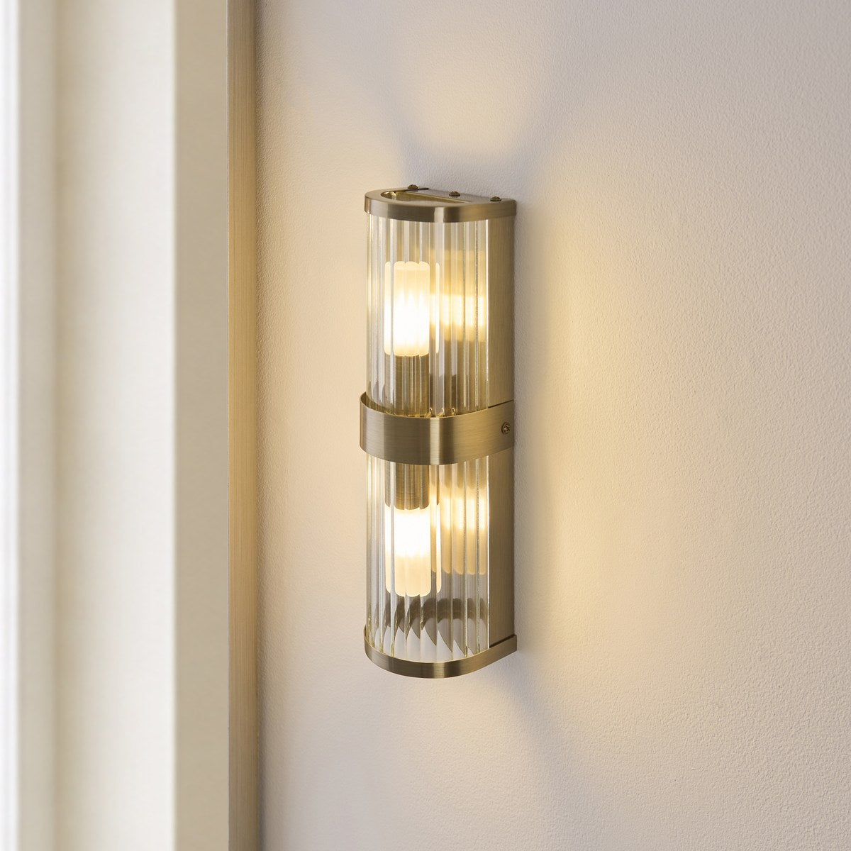 Endon Ridgeton IP44 2 Light Wall Light in Antique Brass with Clear Ribbed Glass