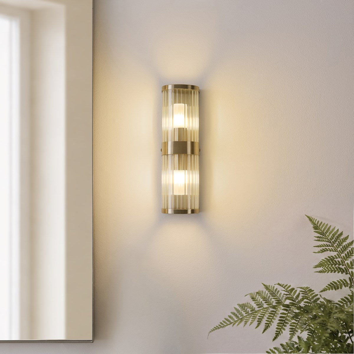 Endon Ridgeton IP44 2 Light Wall Light in Antique Brass with Clear Ribbed Glass
