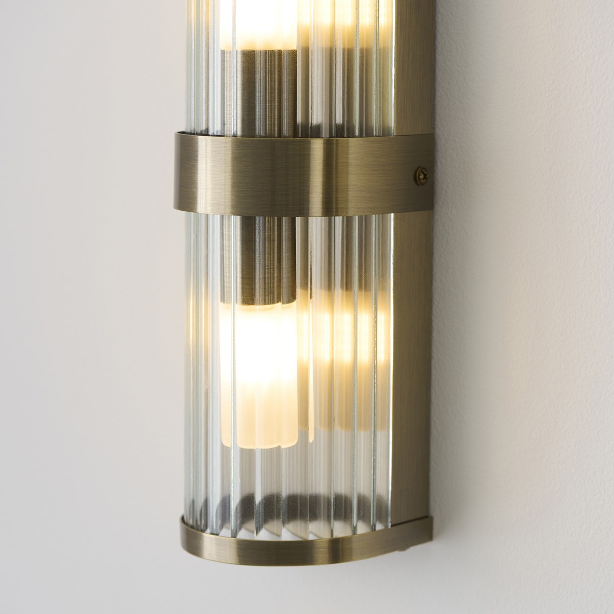 Endon Ridgeton IP44 2 Light Wall Light in Antique Brass with Clear Ribbed Glass