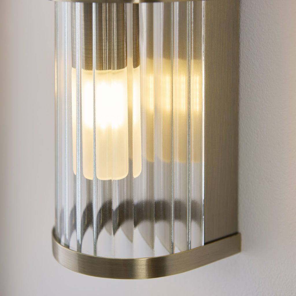 Endon Ridgeton IP44 2 Light Wall Light in Antique Brass with Clear Ribbed Glass