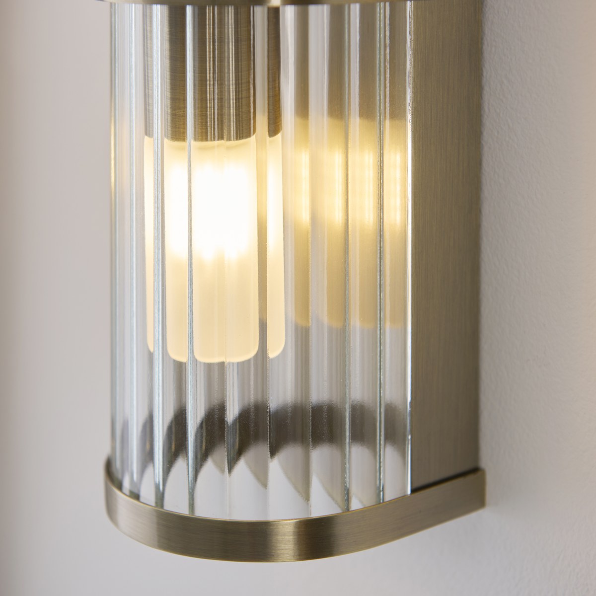 Endon Ridgeton IP44 2 Light Wall Light in Antique Brass with Clear Ribbed Glass