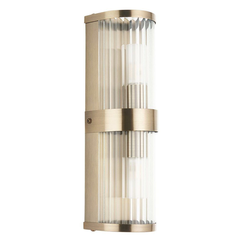 Endon Ridgeton IP44 2 Light Wall Light in Antique Brass with Clear Ribbed Glass