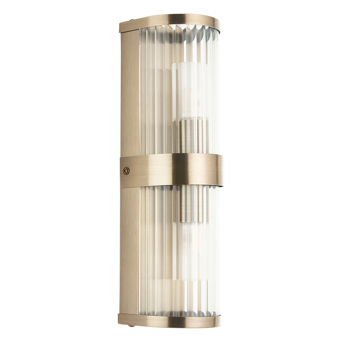 Endon Ridgeton IP44 2 Light Wall Light in Antique Brass with Clear Ribbed Glass