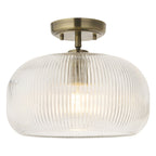 Endon Harborne Flush Ceiling Light in Antique Brass with Clear Ribbed Glass