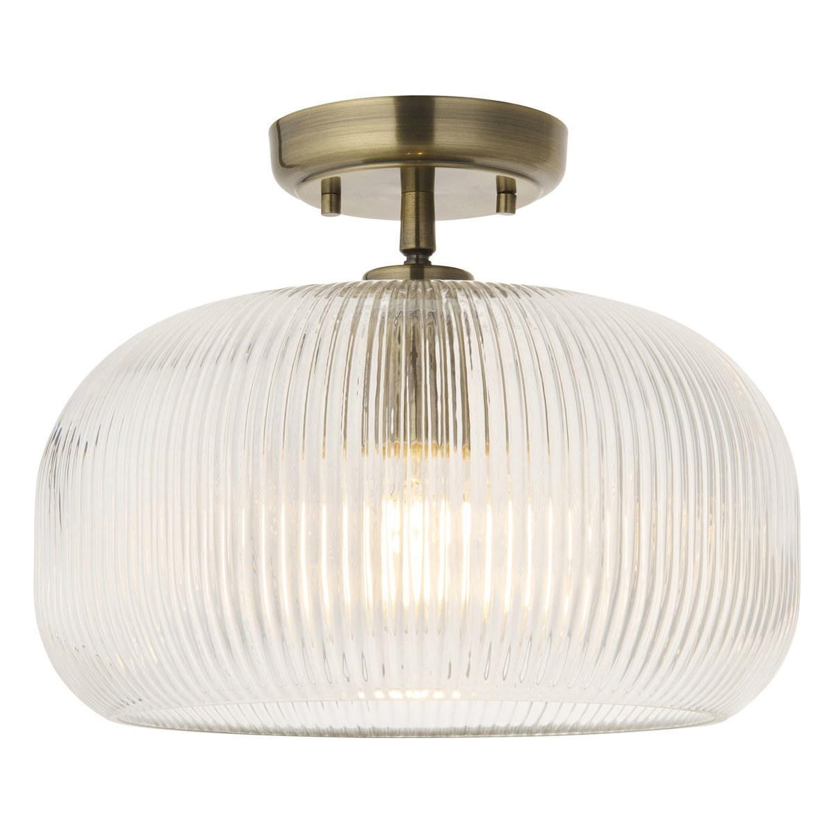 Endon Harborne Flush Ceiling Light in Antique Brass with Clear Ribbed Glass