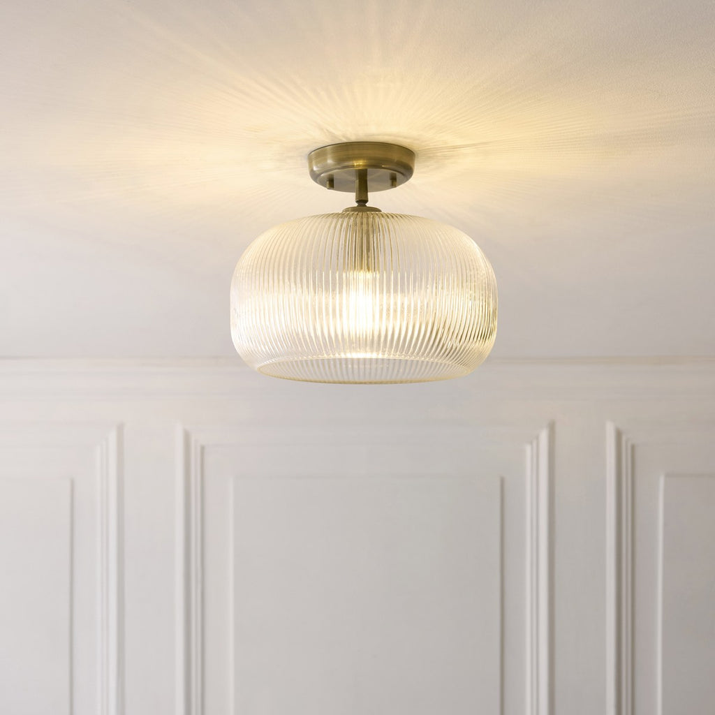 Endon Harborne Flush Ceiling Light in Antique Brass with Clear Ribbed Glass