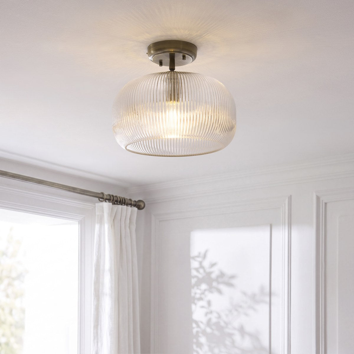 Endon Harborne Flush Ceiling Light in Antique Brass with Clear Ribbed Glass