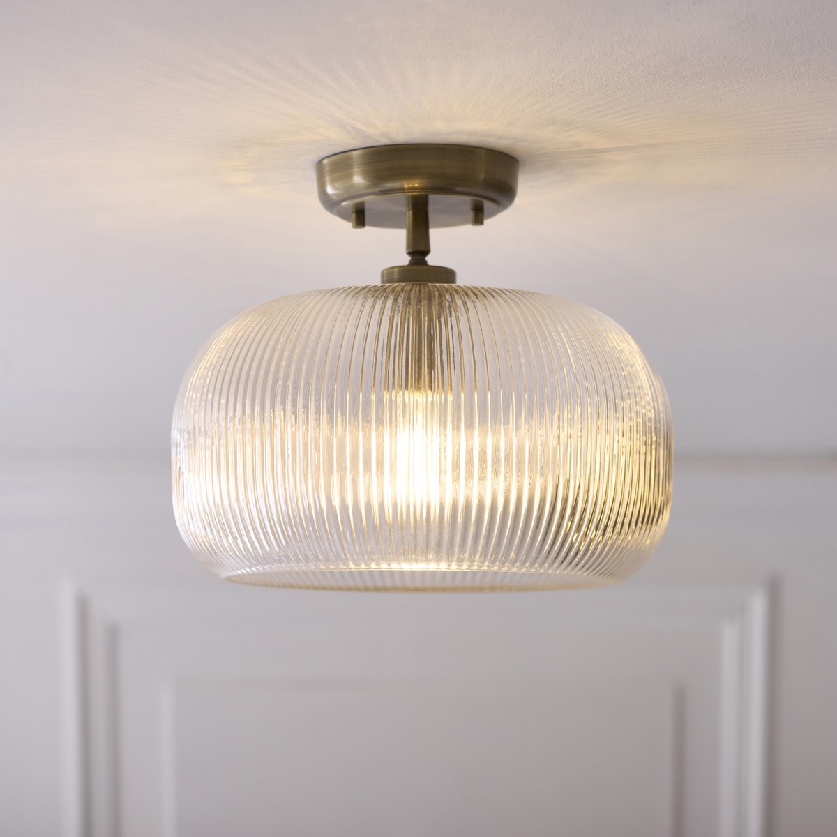 Endon Harborne Flush Ceiling Light in Antique Brass with Clear Ribbed Glass