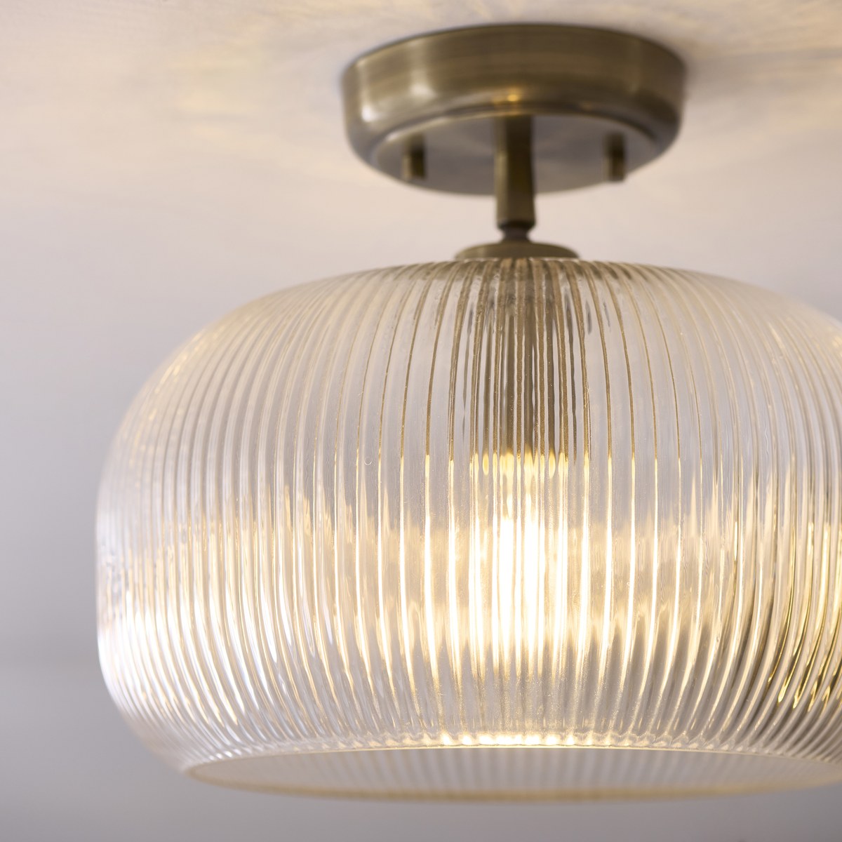 Endon Harborne Flush Ceiling Light in Antique Brass with Clear Ribbed Glass