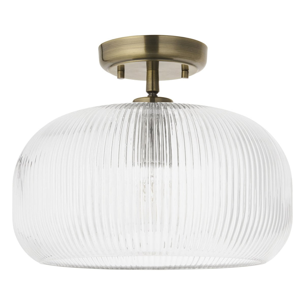 Endon Harborne Flush Ceiling Light in Antique Brass with Clear Ribbed Glass