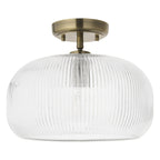 Endon Harborne Flush Ceiling Light in Antique Brass with Clear Ribbed Glass