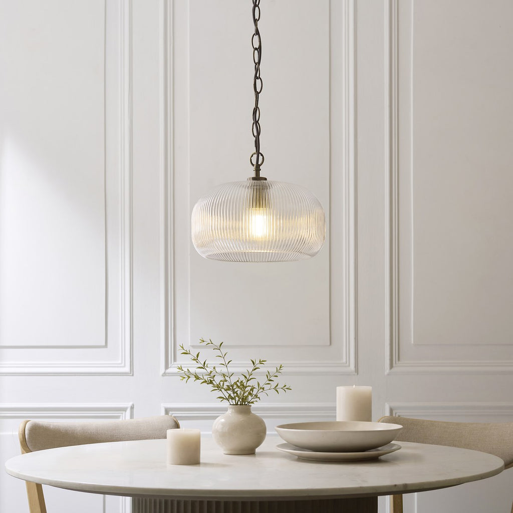 Endon Harborne Pendant Light in Antique Brass with Clear Ribbed Glass