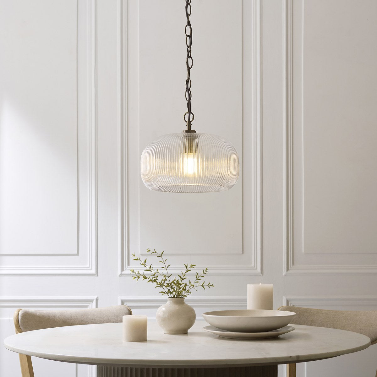 Endon Harborne Pendant Light in Antique Brass with Clear Ribbed Glass