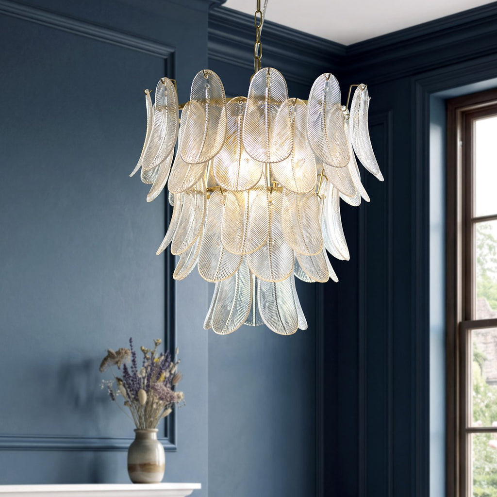 Endon Autumn 4 Light Pendant Light in Brushed Aged Brass with Clear Textured Glass