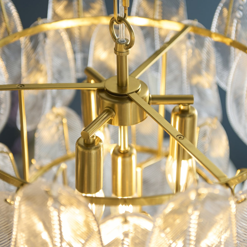 Endon Autumn 4 Light Pendant Light in Brushed Aged Brass with Clear Textured Glass