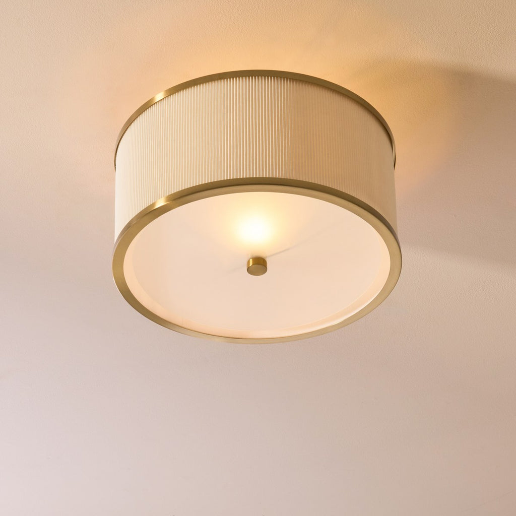 Endon Lexi Flush Ceiling Light in Brushed Aged Brass with Ivory Pleated Shade