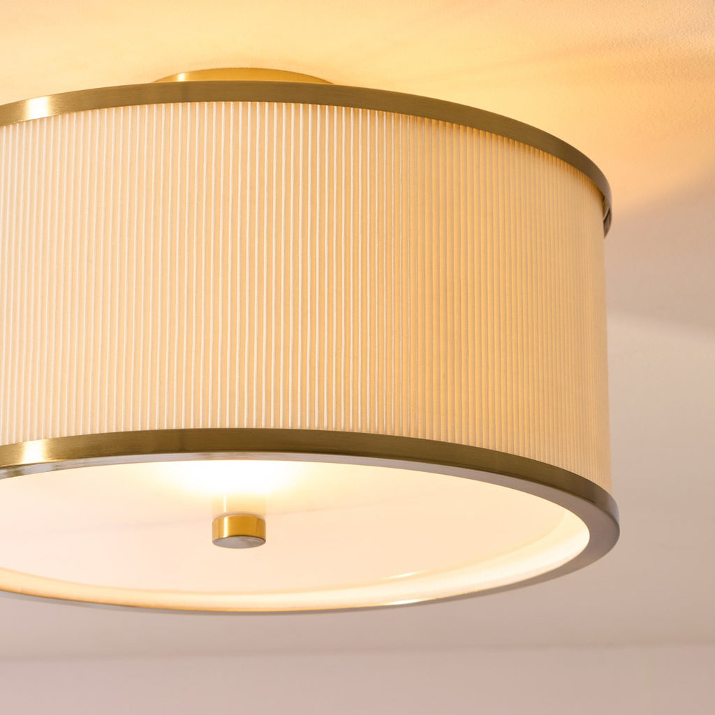 Endon Lexi Flush Ceiling Light in Brushed Aged Brass with Ivory Pleated Shade