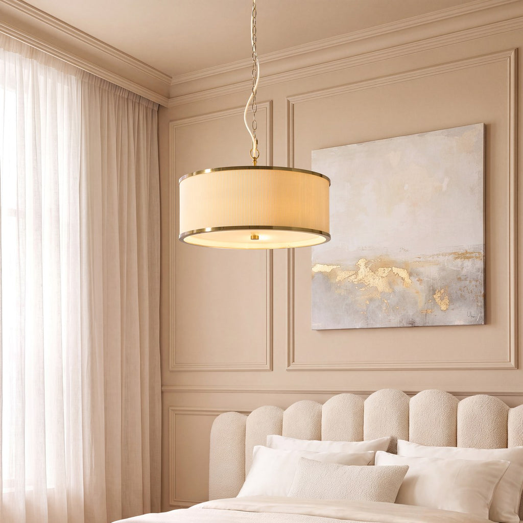 Endon Lexi 3 Light Pendant Light in Brushed Aged Brass with Ivory Pleated Shade