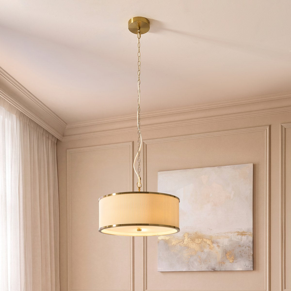 Endon Lexi 3 Light Pendant Light in Brushed Aged Brass with Ivory Pleated Shade