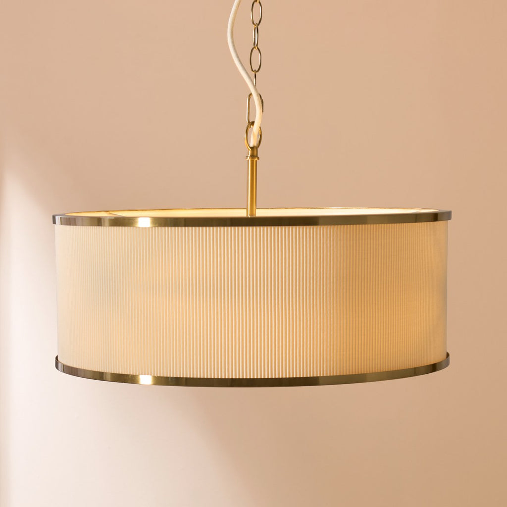 Endon Lexi 3 Light Pendant Light in Brushed Aged Brass with Ivory Pleated Shade