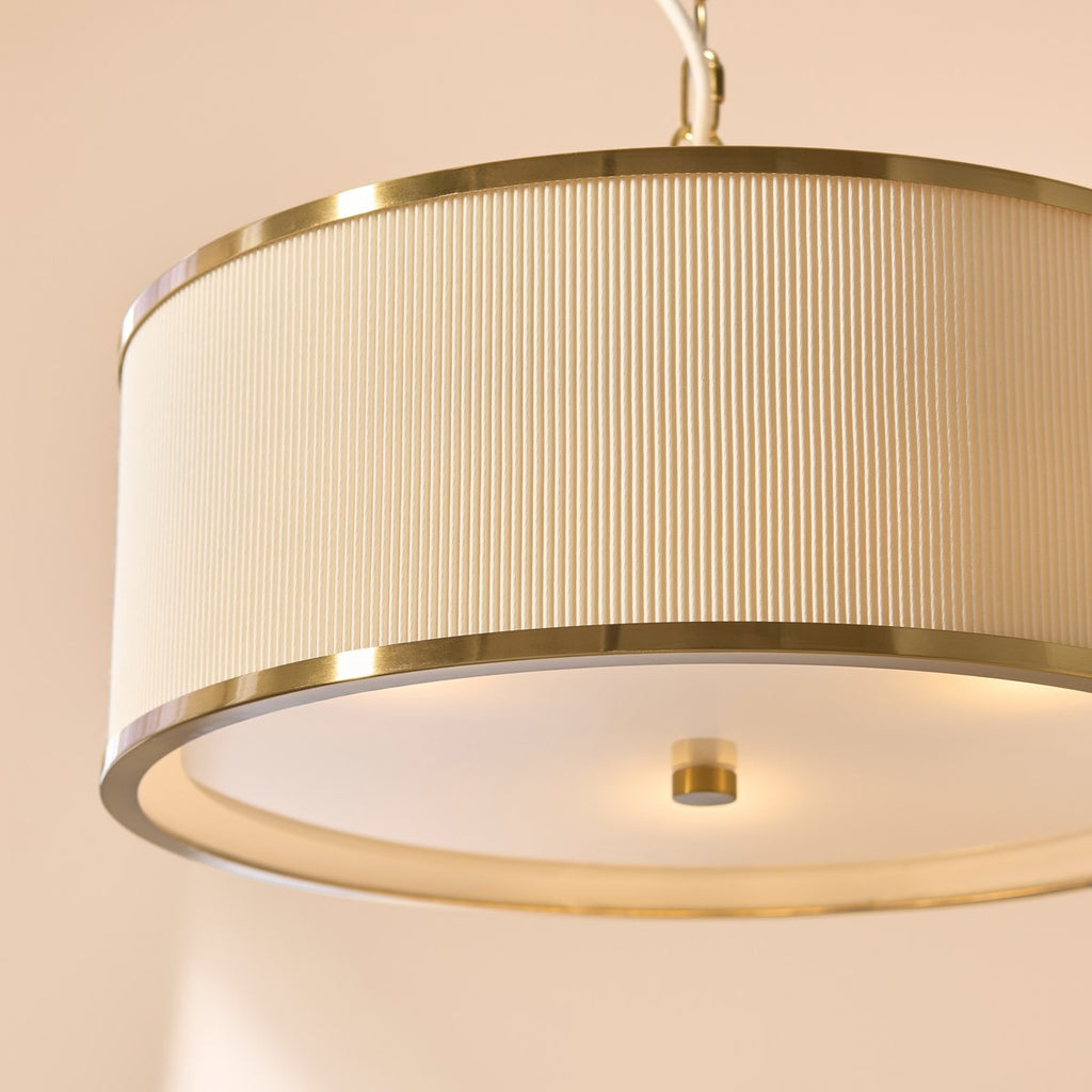 Endon Lexi 3 Light Pendant Light in Brushed Aged Brass with Ivory Pleated Shade