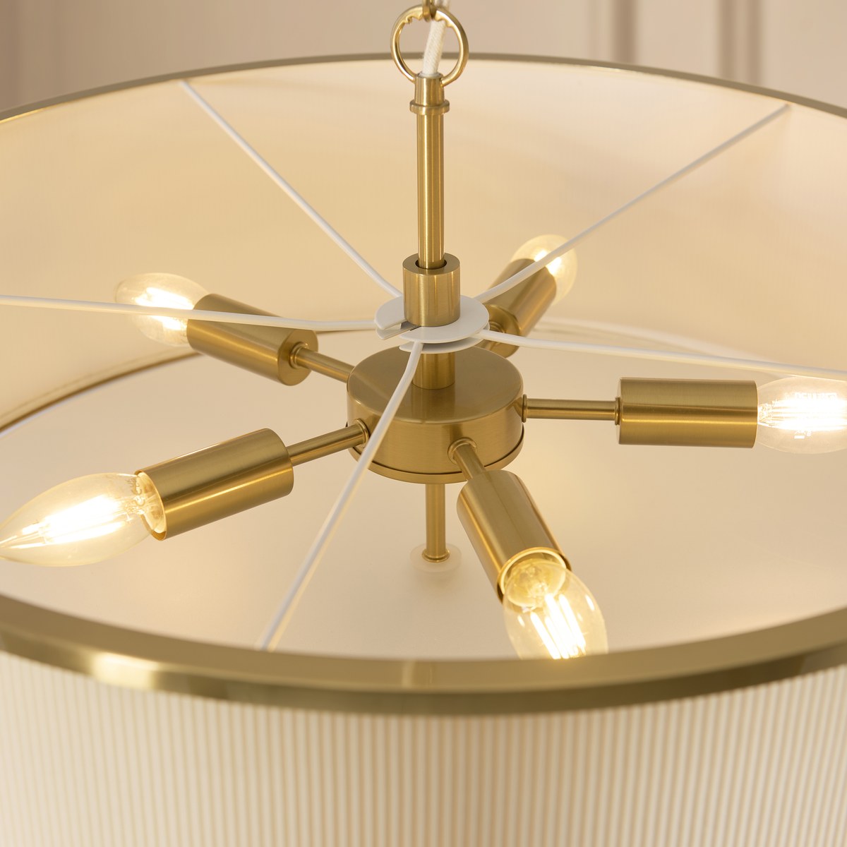 Endon Lexi 5 Light Pendant Light in Brushed Aged Brass with Ivory Pleated Shade