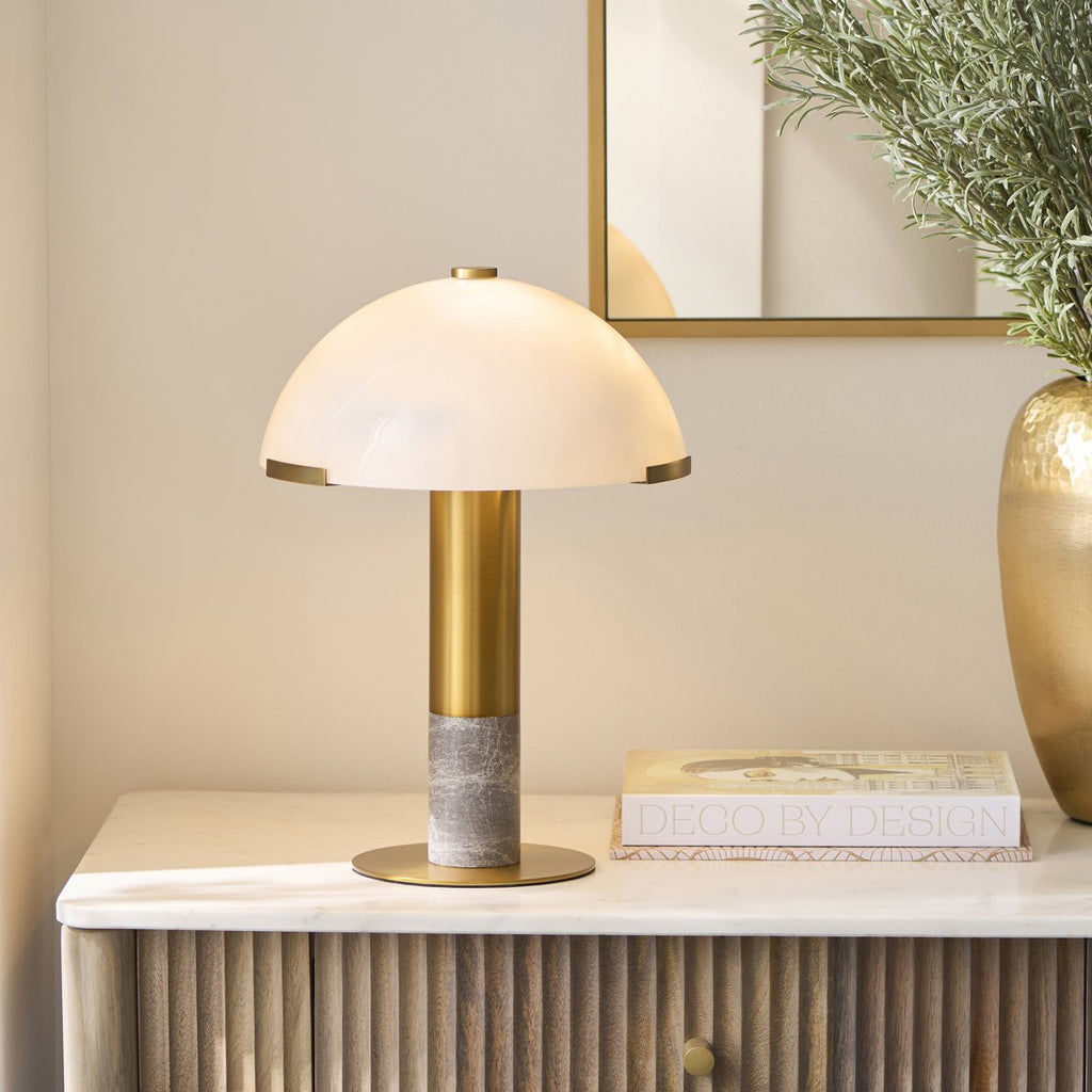 Endon Hansel 2 Light Table Lamp in Warm Brass with Grey Marble and Opal Glass