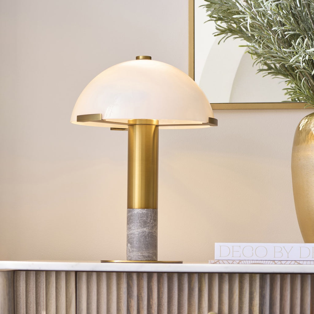 Endon Hansel 2 Light Table Lamp in Warm Brass with Grey Marble and Opal Glass