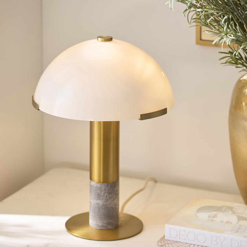 Endon Hansel 2 Light Table Lamp in Warm Brass with Grey Marble and Opal Glass