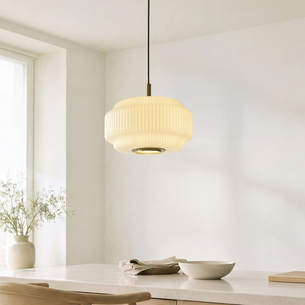 Endon Evora Large Pendant Light in Brushed Aged Brass with Opal Ribbed Glass